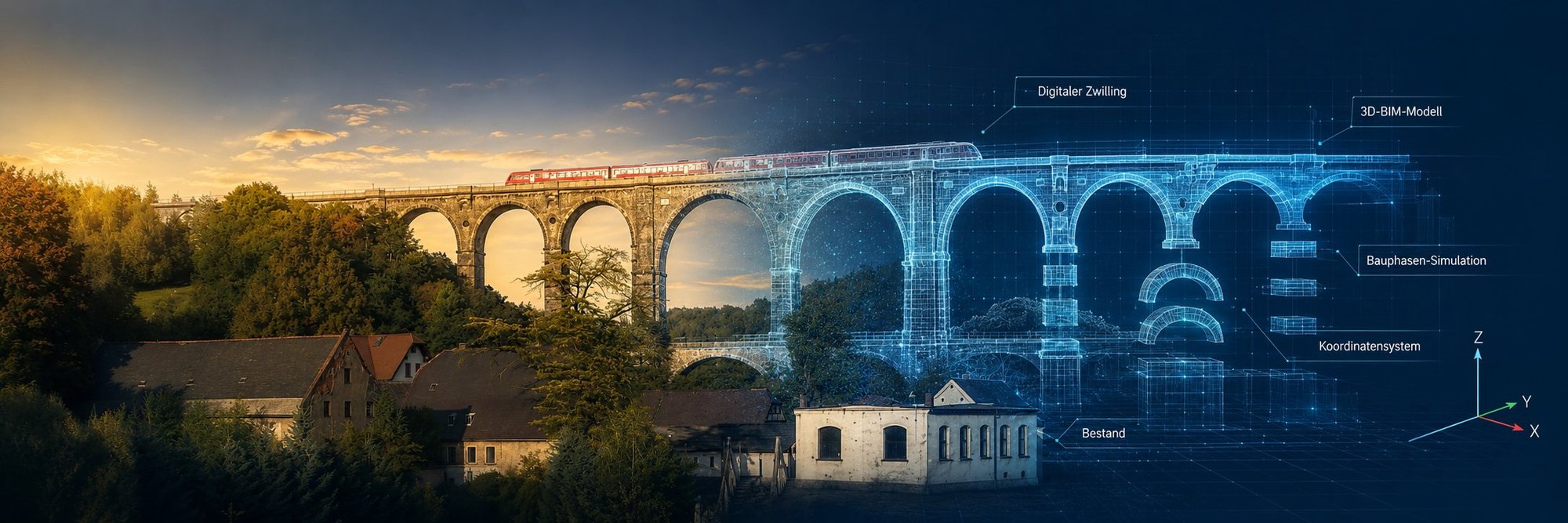 A rail viaduct transitioning into a digital BIM model — physical infrastructure meeting data-driven engineering