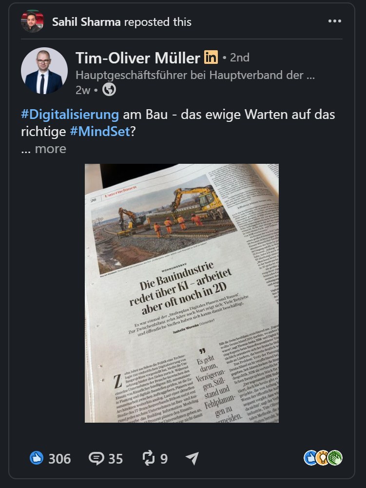 LinkedIn post — Sahil Sharma reposted Tim-Oliver Müller on digitalization in construction, featuring a newspaper article about AI in the construction industry