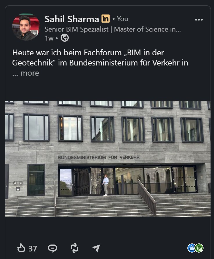LinkedIn post — Sahil Sharma at the “BIM in der Geotechnik” expert forum at the German Federal Ministry of Transport