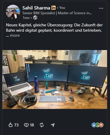 LinkedIn post — Sahil Sharma announcing the start of a new chapter as Senior BIM Specialist at Drones4BIM, with a desk setup showing D4B branding on monitors